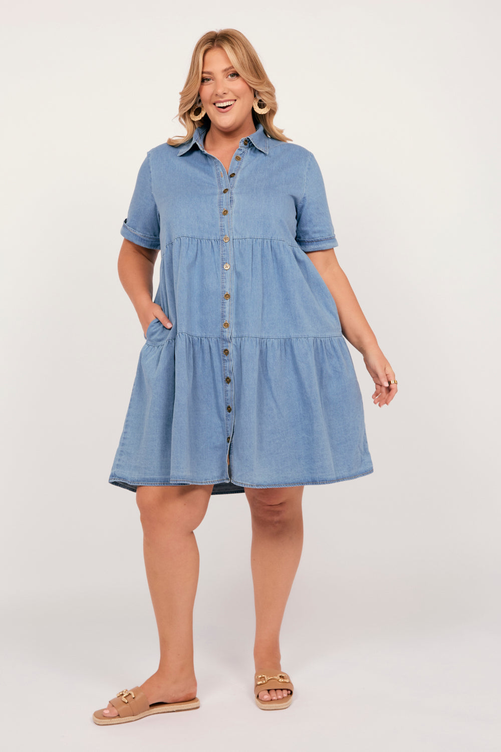 Ginette Chambray Dress in Light Wash, Short Dress - Adrift Clothing