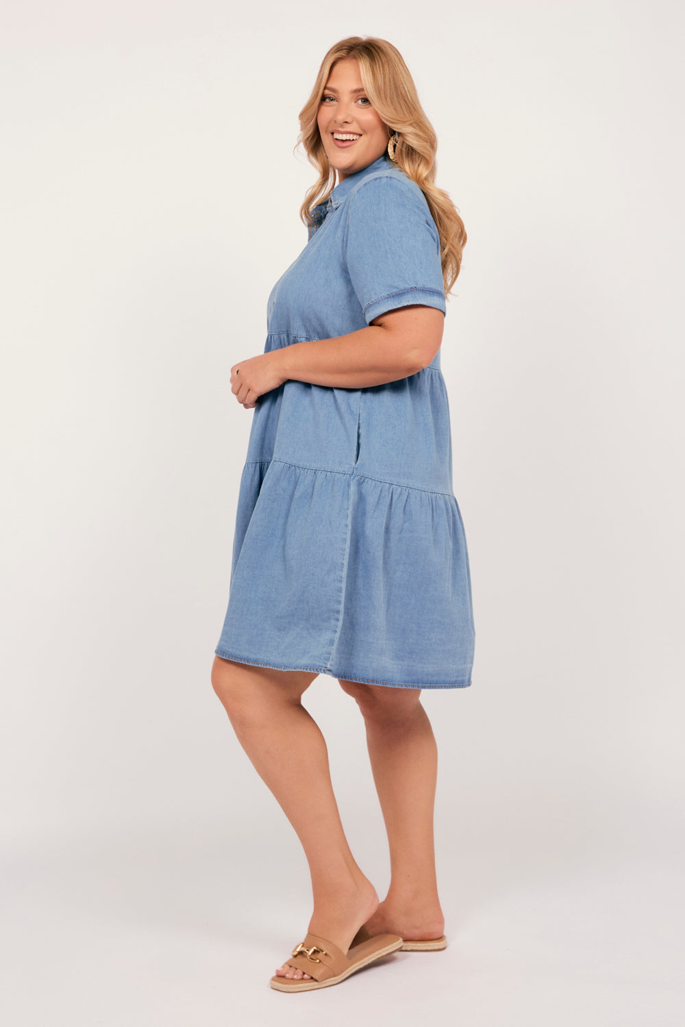 Ginette Chambray Dress in Light Wash, Short Dress - Adrift Clothing