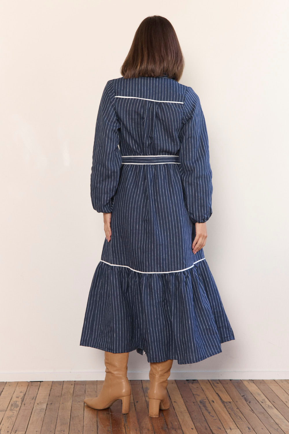 Ginette Collared Linen Dress in Pinstripe