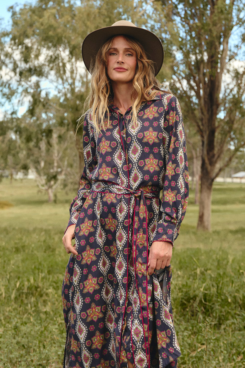 Gracie Shirt Dress in Veloura, magenta piped placket adds subtle pop of colour, Adrift Clothing