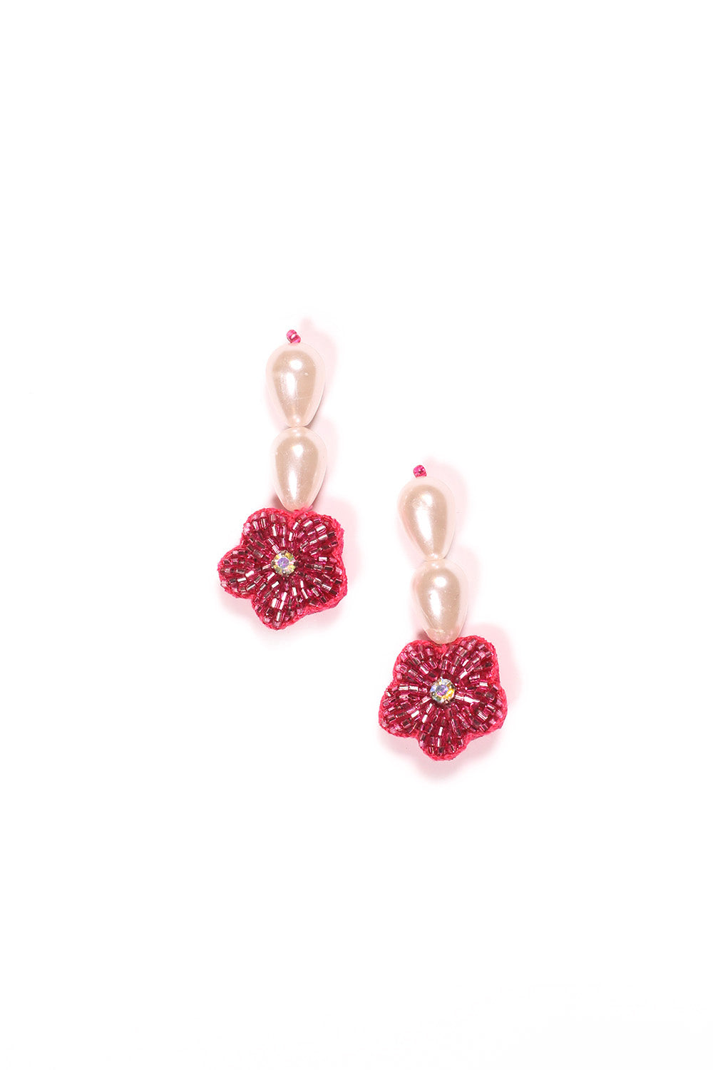 Hanging Beaded Flower Studs in Hot Pink