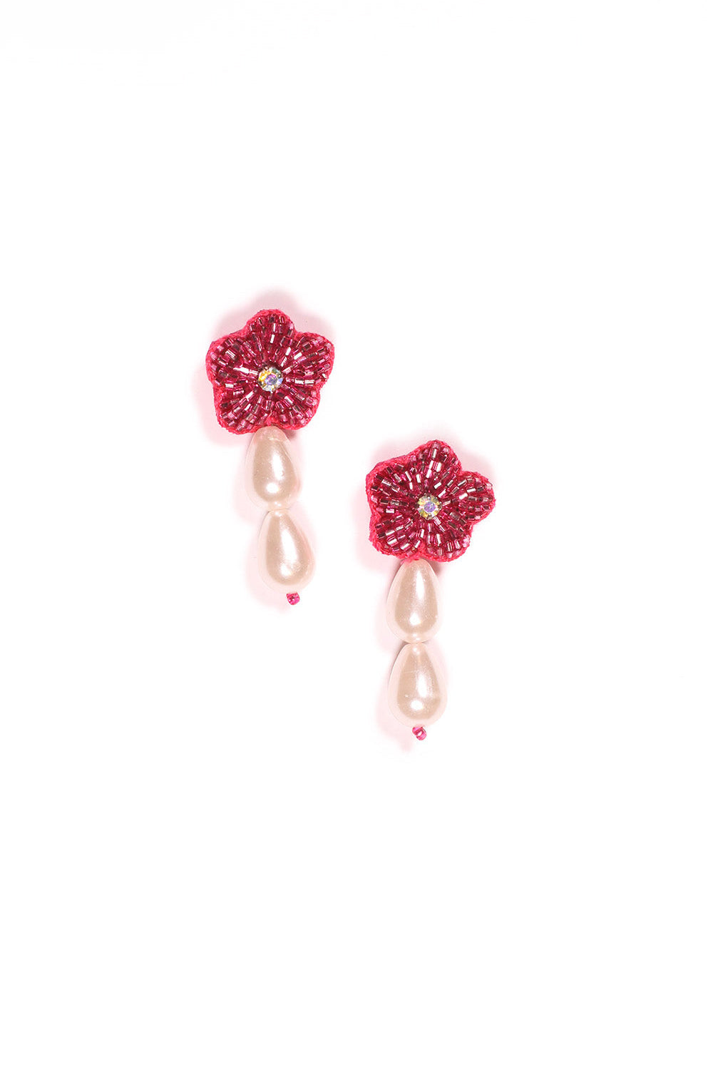 Hanging Beaded Flower Studs in Hot Pink