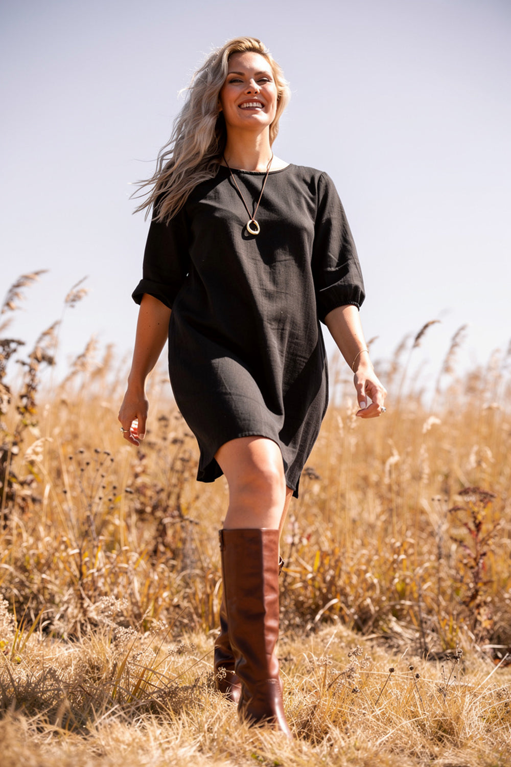 Hazel Short Linen Dress in Black