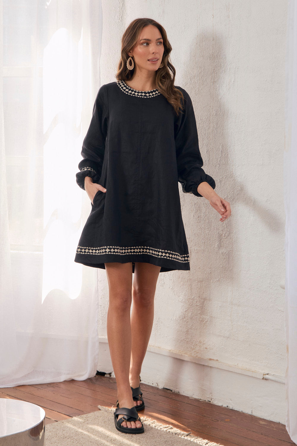 Hazel Linen Short Dress in Moonlit Noir