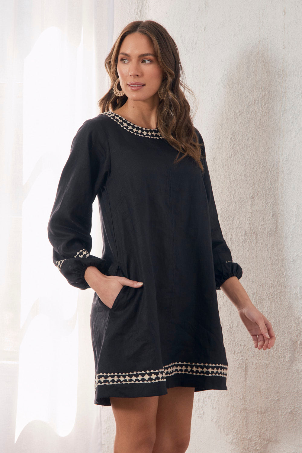 Hazel Linen Short Dress in Moonlit Noir
