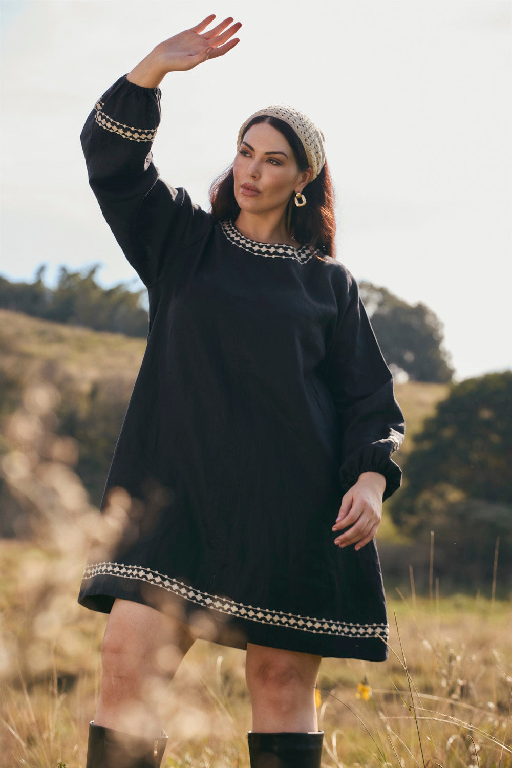 Hazel Linen Short Dress in Moonlit Noir