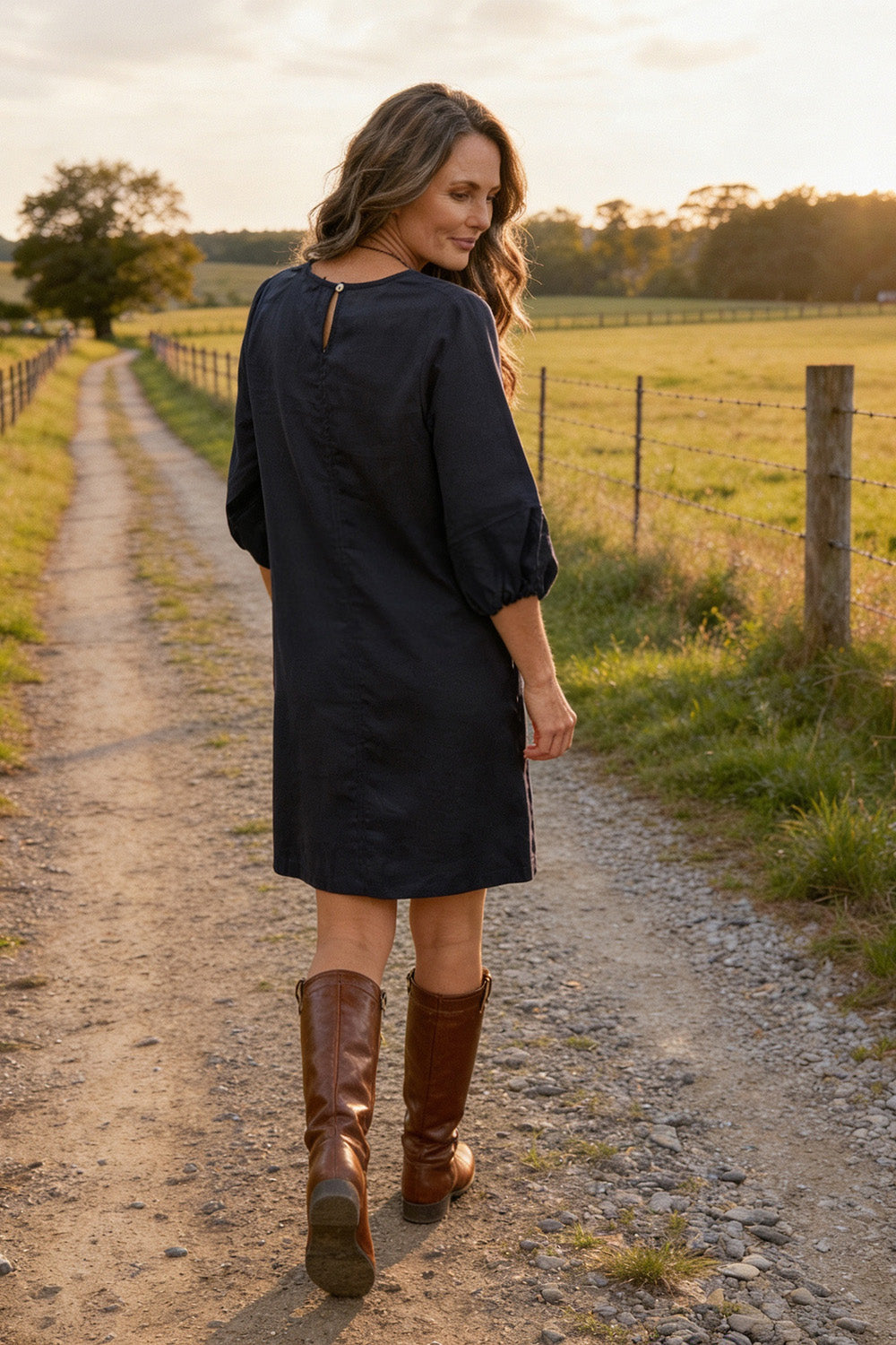 Hazel Short Linen Shift Dress in Navy