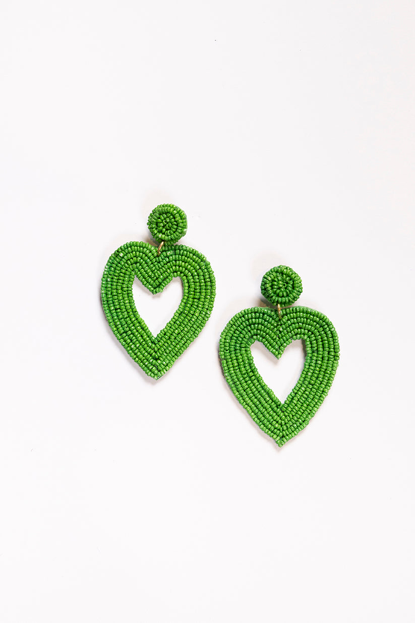 Hollow Heart Beaded Earrings in Green
