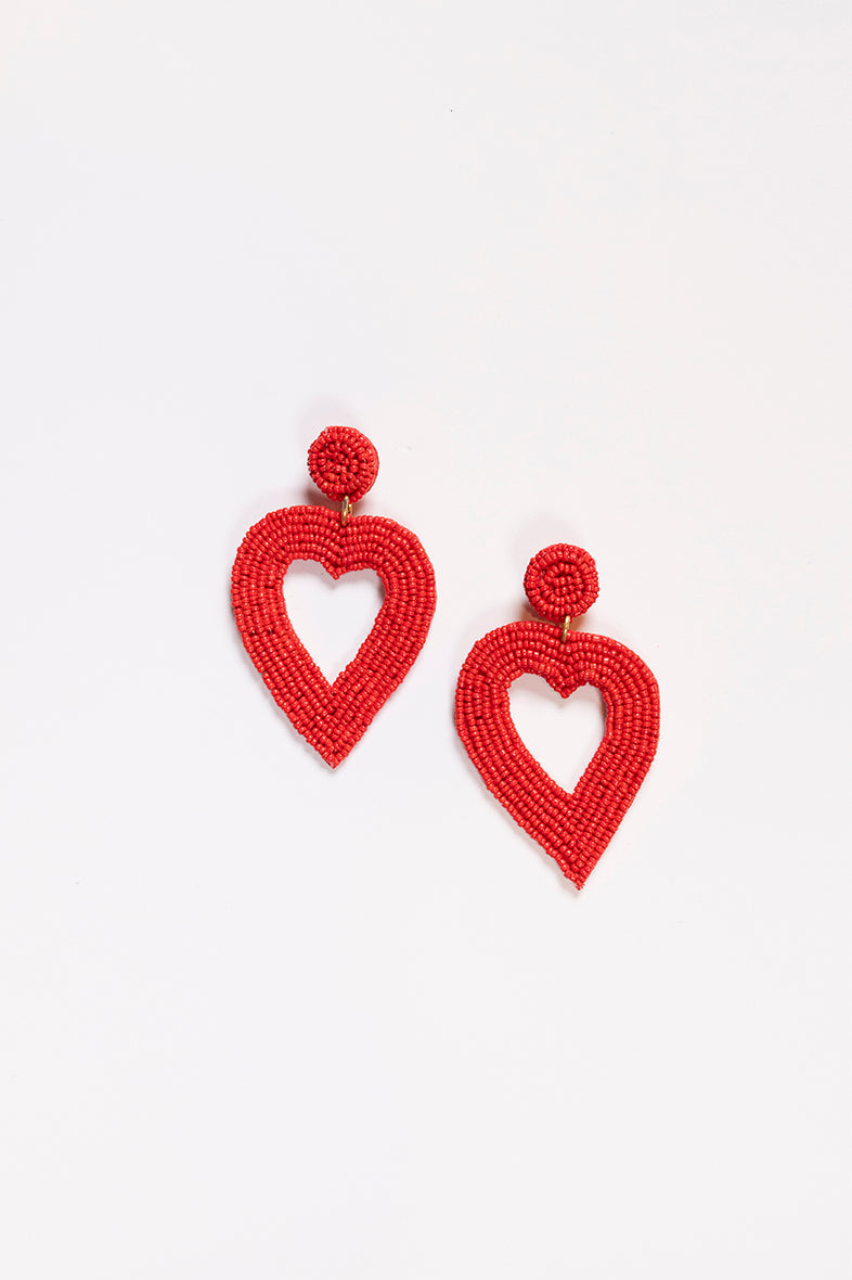 Hollow Heart Beaded Earrings in Red