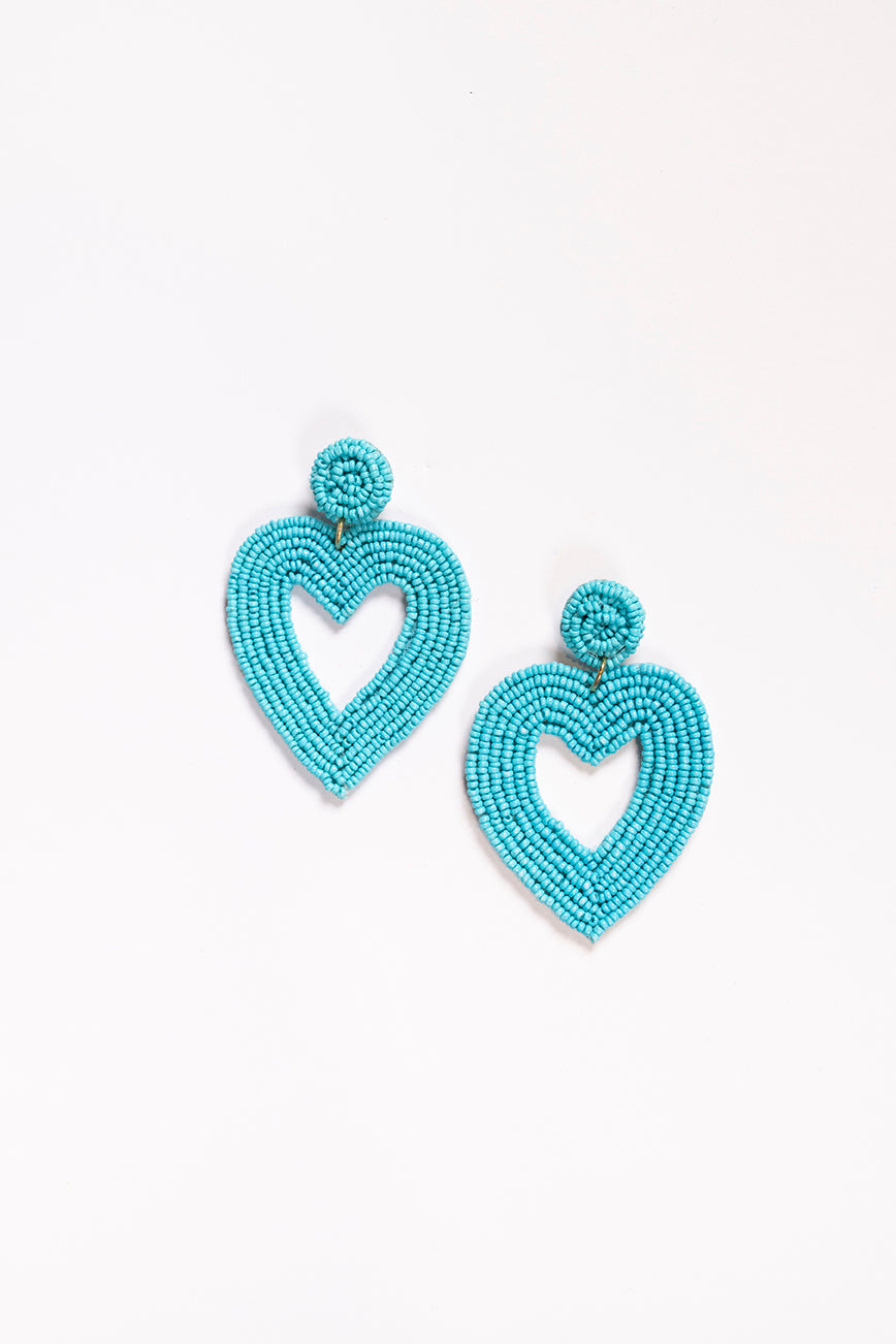 Hollow Heart Beaded Earrings in Turquoise