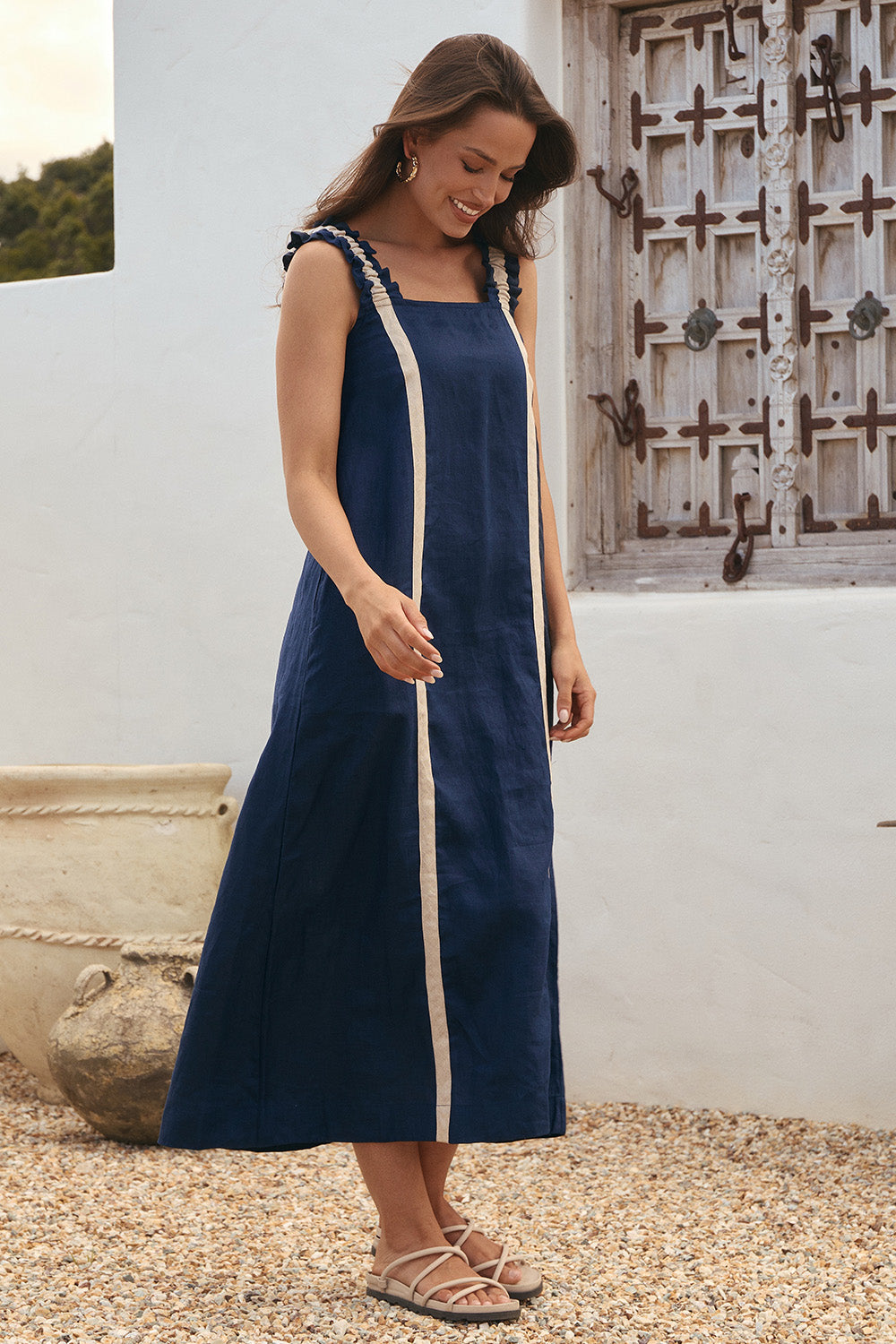 Claire Linen Frill Sun Dress in Natural Splice