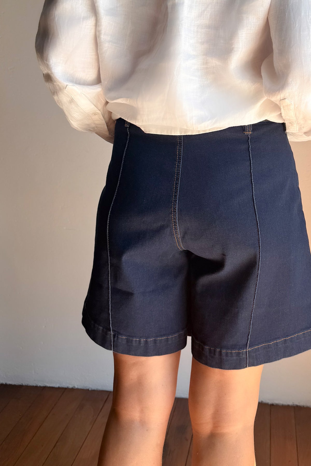 Lainey Denim Longline A-Line Shorts in Dark Wash