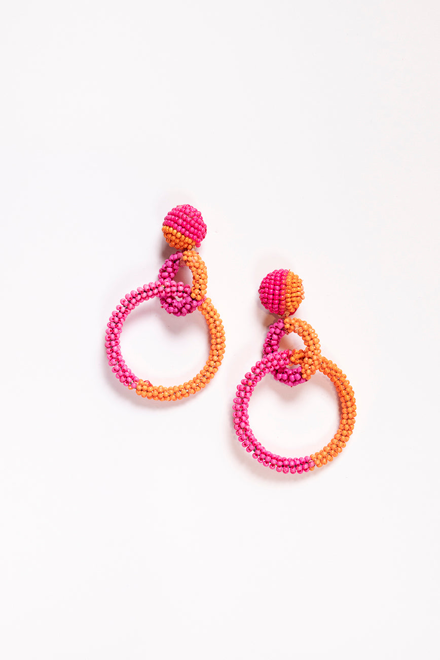 Interlocking Beaded Drop Earrings in Hot Pink and Orange