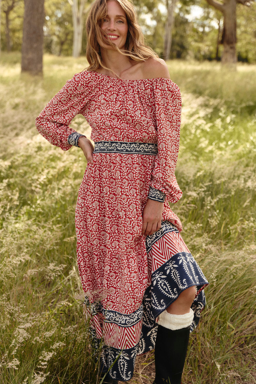 Isla Tiered Dress in Sundar Drift featuring pockets and waist seam, Australian womenswear by Adrift