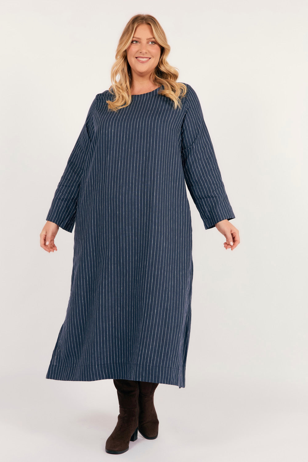 Jarla Linen Midi Dress in Pinstripe