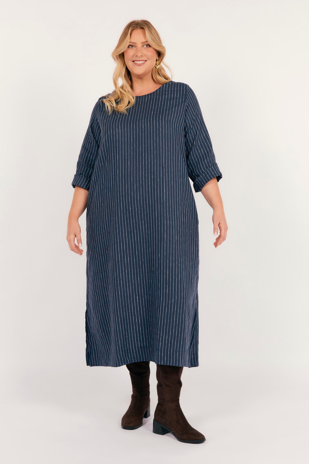Jarla Linen Midi Dress in Pinstripe