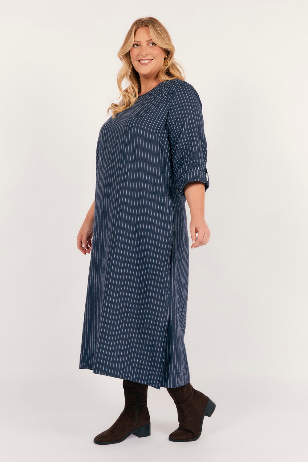 Jarla Linen Midi Dress in Pinstripe