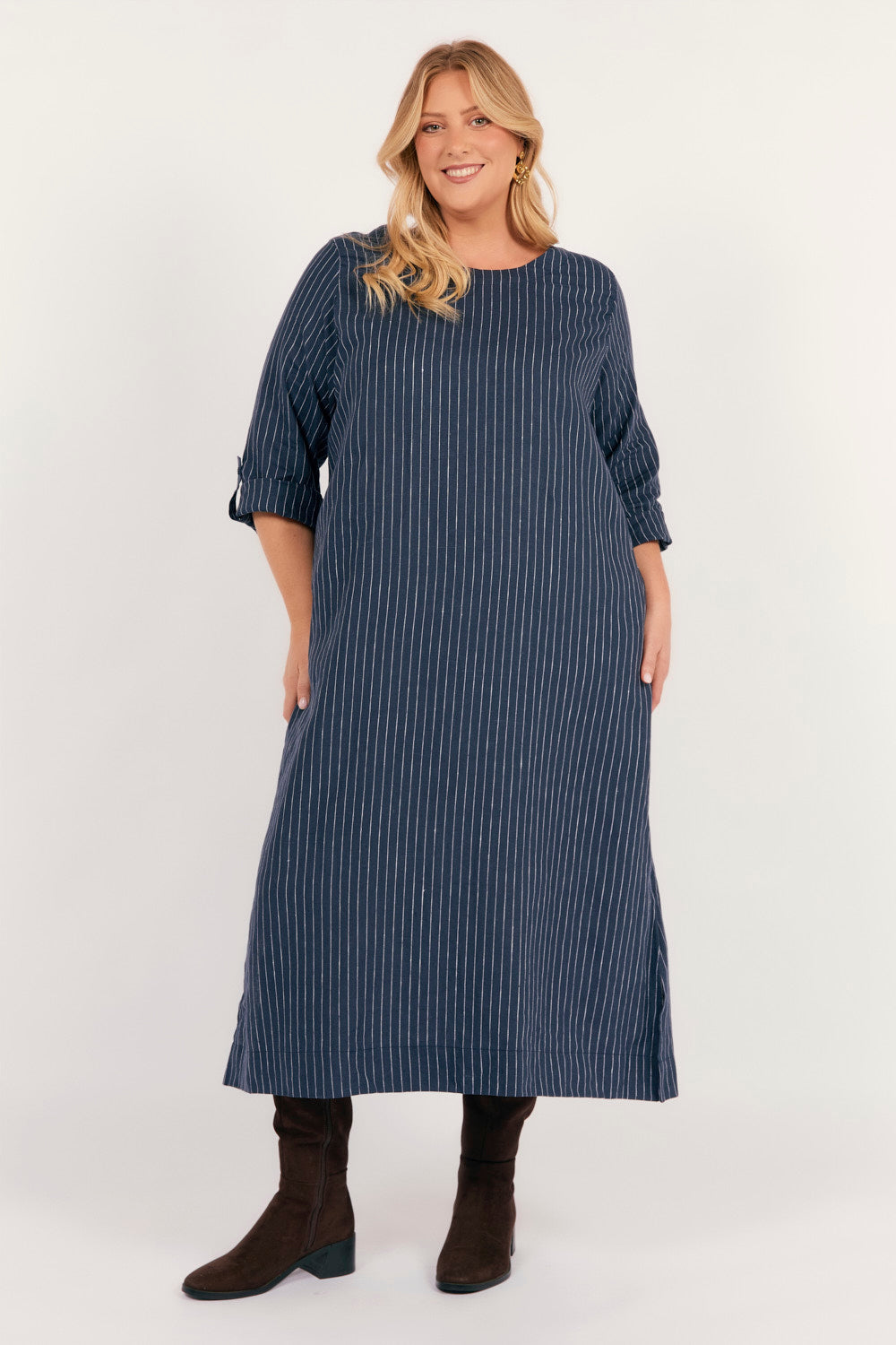 Jarla Linen Midi Dress in Pinstripe