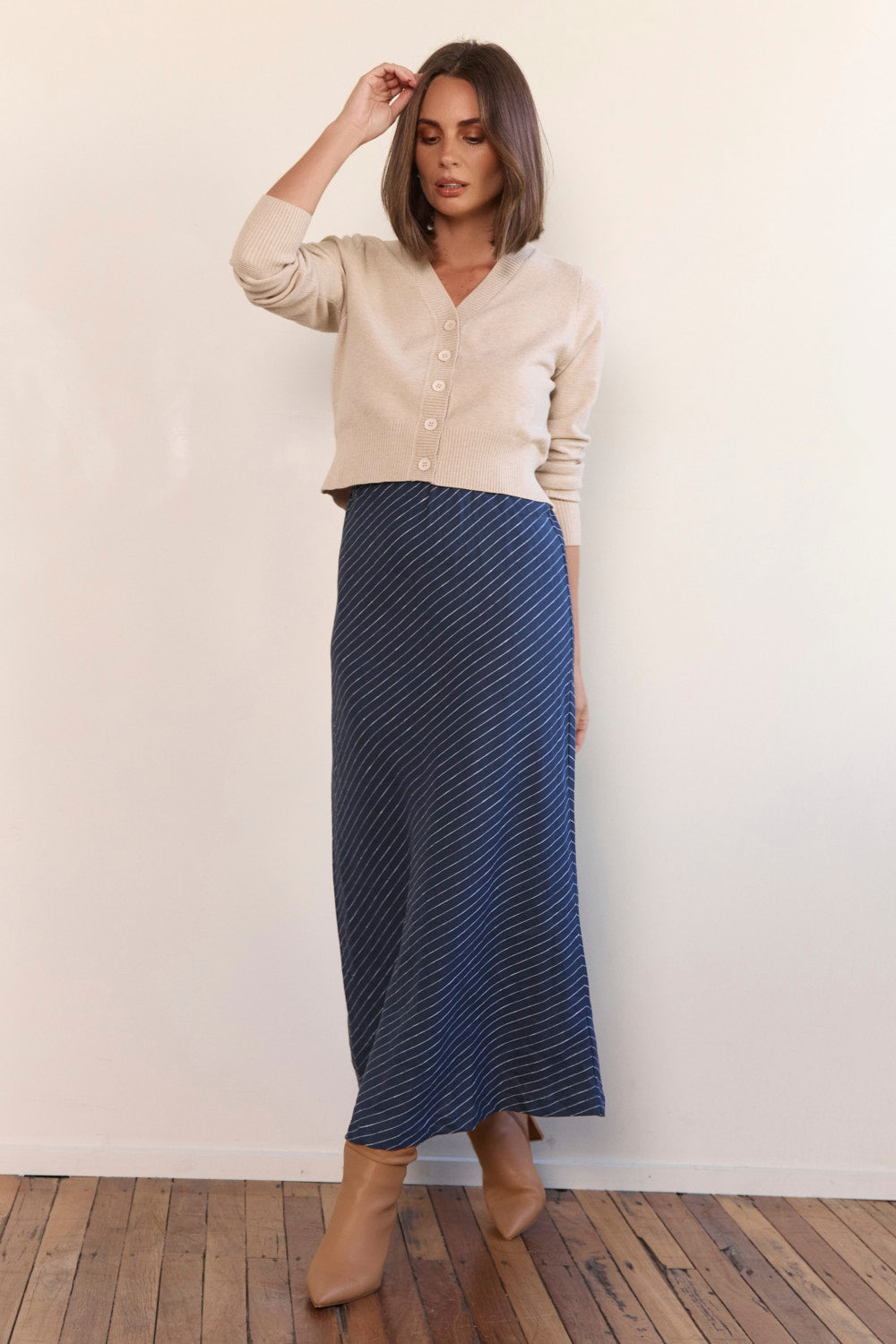 Katie Bias Cut Linen Skirt in Pinstripe