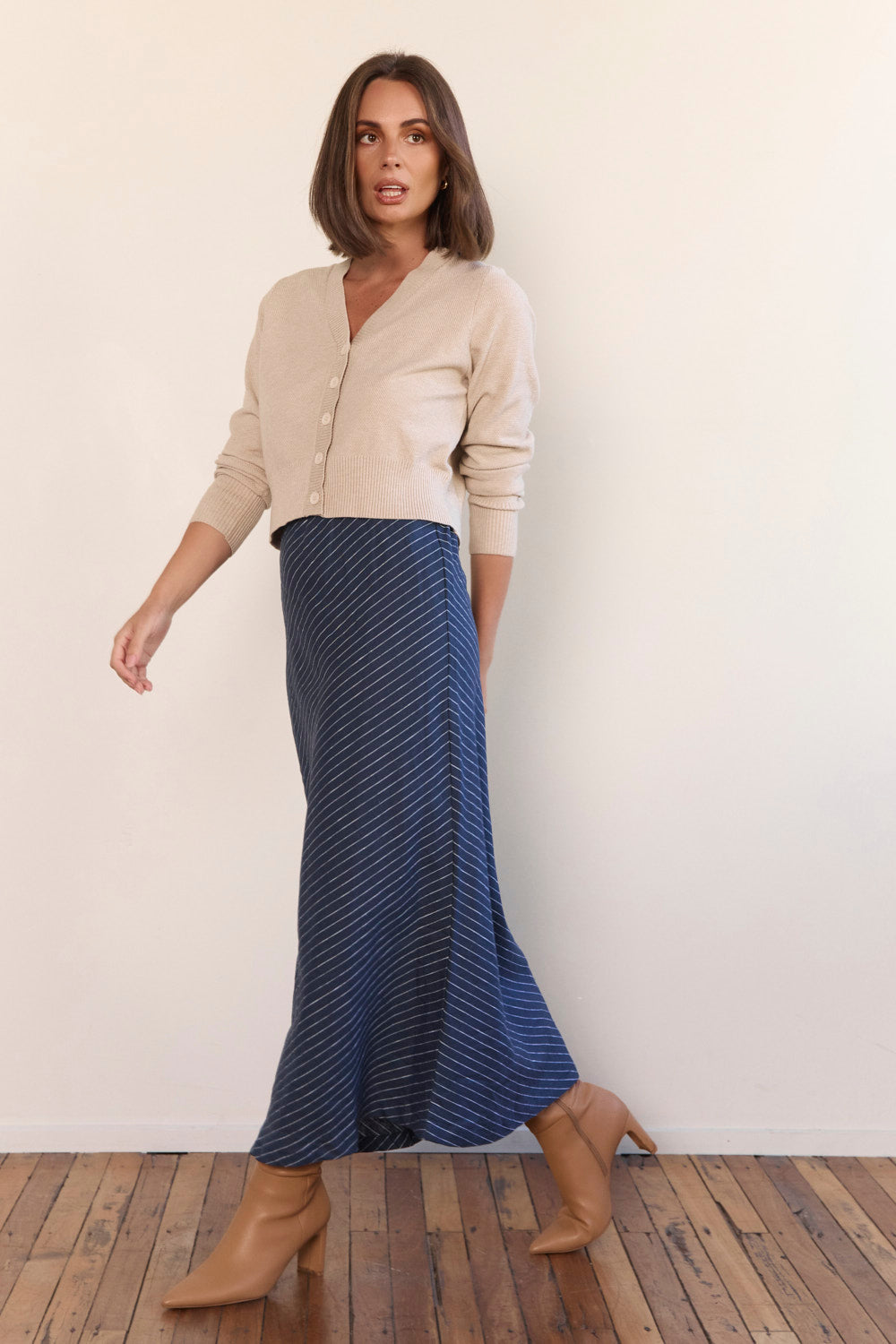 Katie Bias Cut Linen Skirt in Pinstripe