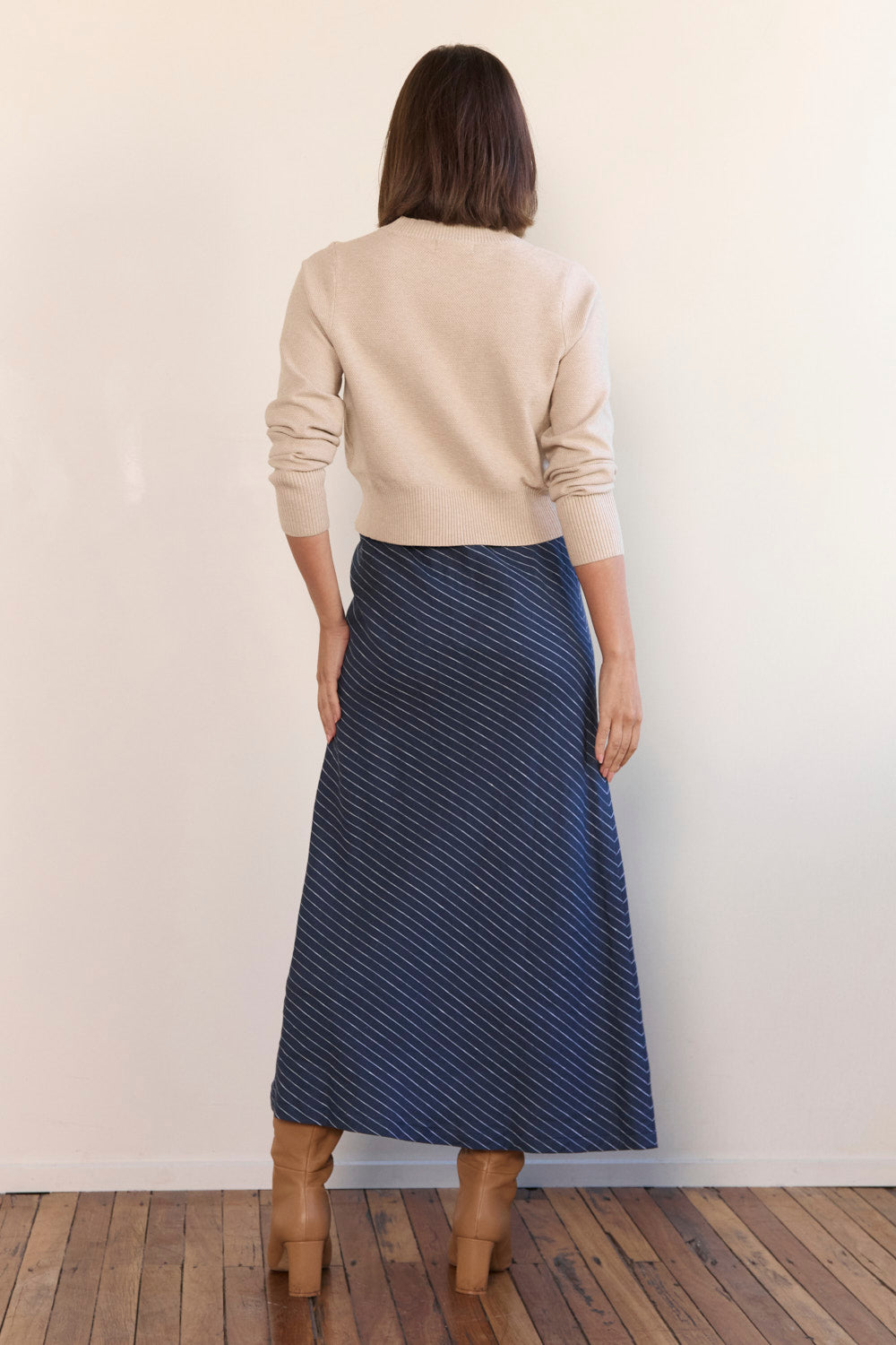 Katie Bias Cut Linen Skirt in Pinstripe