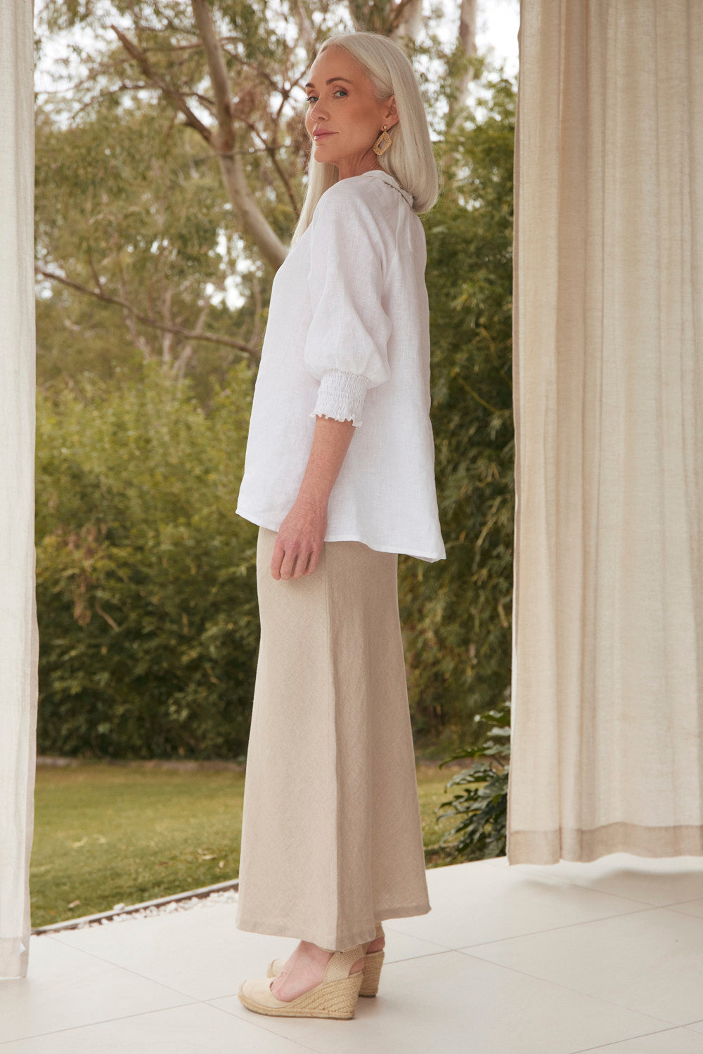 Katie Bias Cut Linen Skirt in Natural with the Danny Linen Top, understated luxury look, Adrift