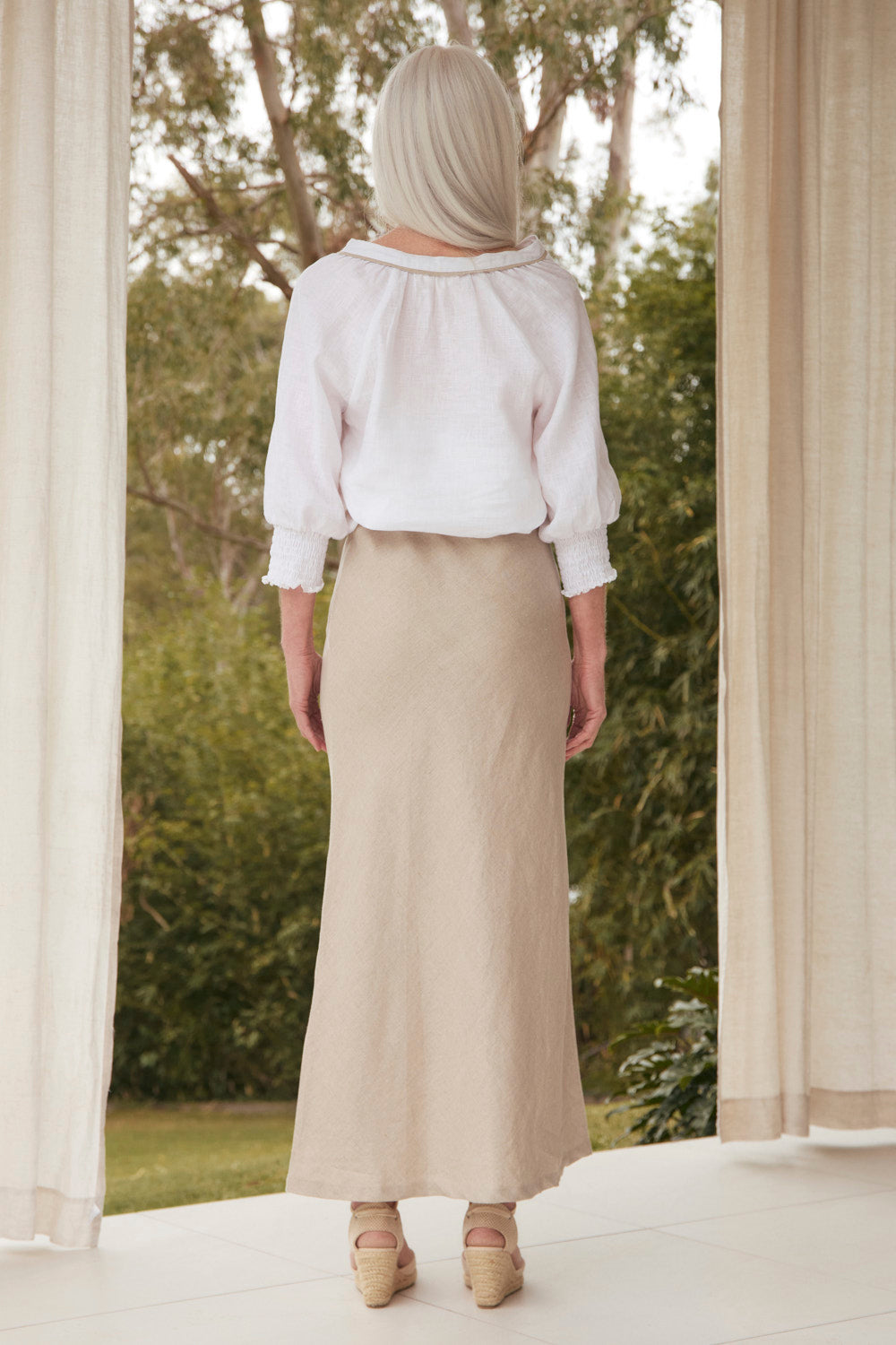 Katie Bias Cut Linen Skirt in Natural, midi length in breathable linen, Adrift