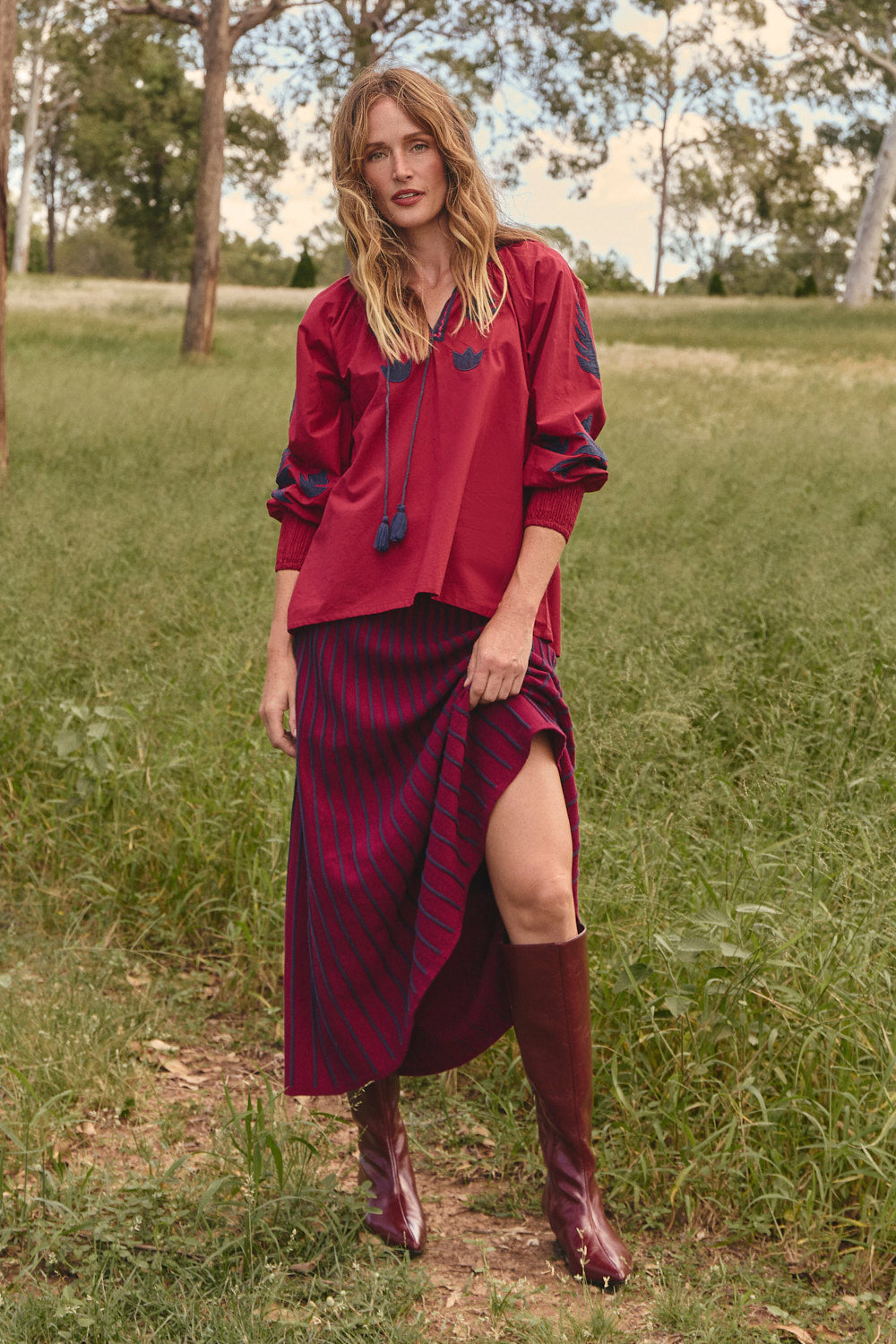 Knitted A-Line Skirt in Cherry Red, Midi Skirt - Adrift Clothing