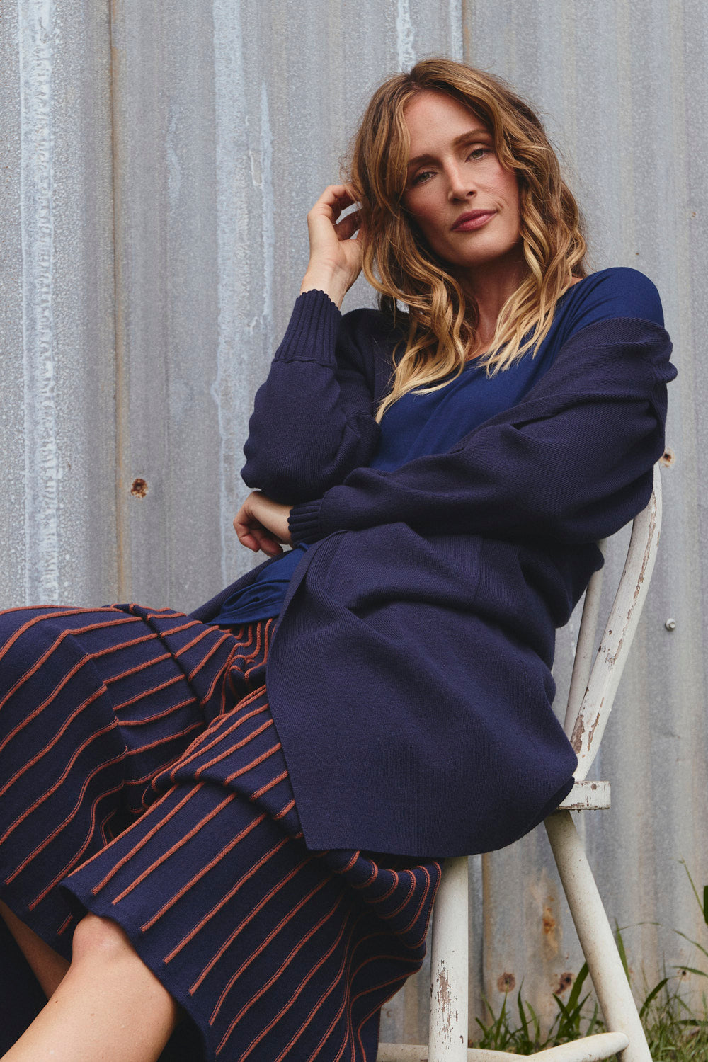 Knitted Long Line Cardigan in Navy styled over the Knitted A-Line Skirt in Navy Spice, Adrift Clothing
