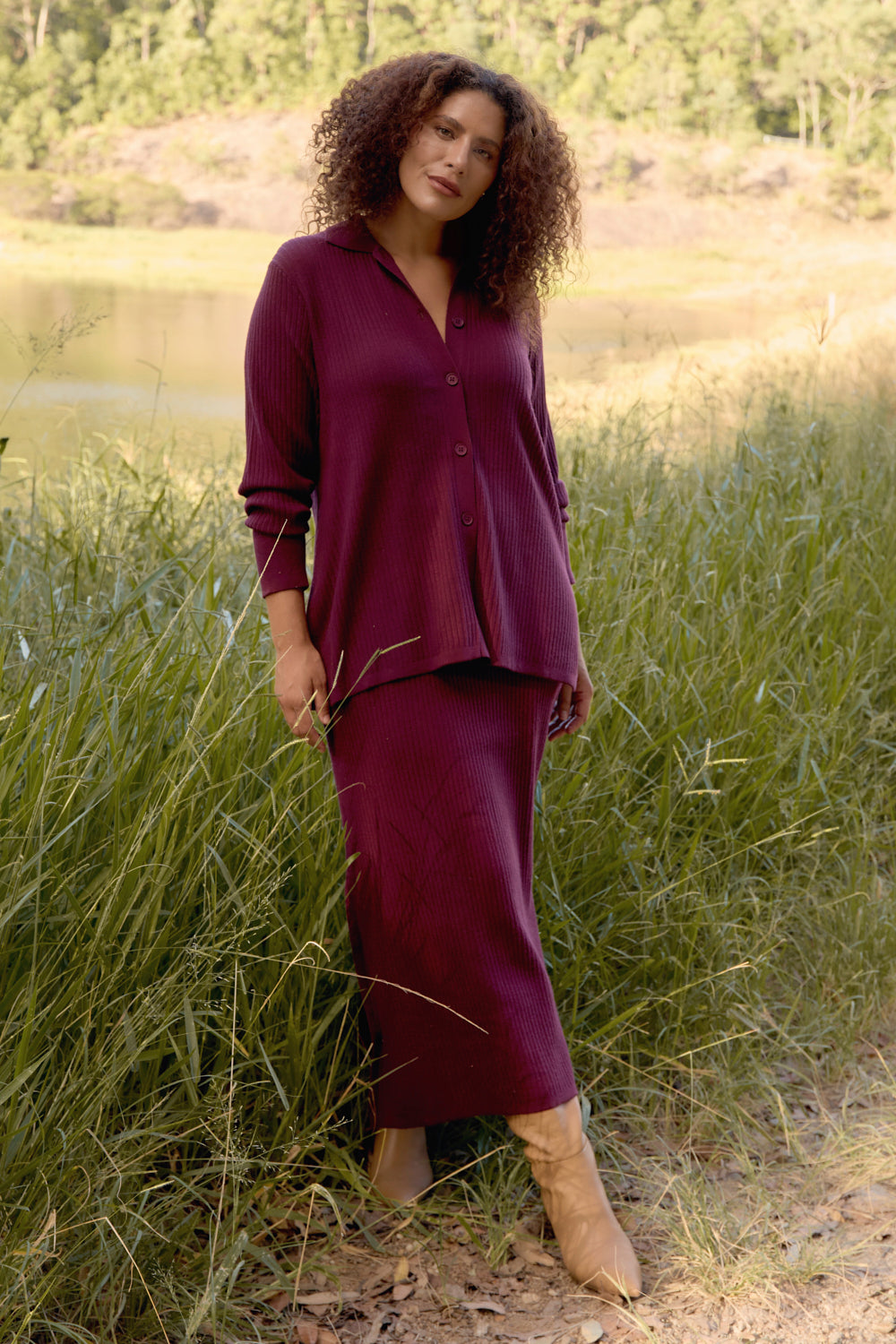 Knitted Cardigan in Plum, Cardigan - Adrift Clothing