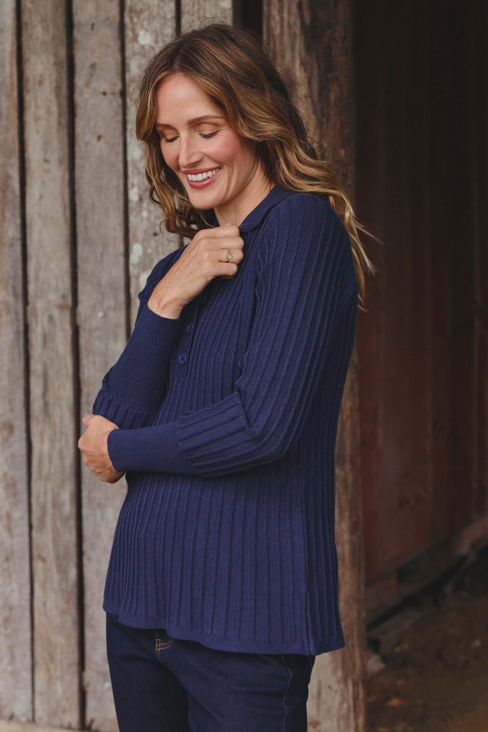 Knitted Collared Jumper in Navy, Jumper - Adrift Clothing