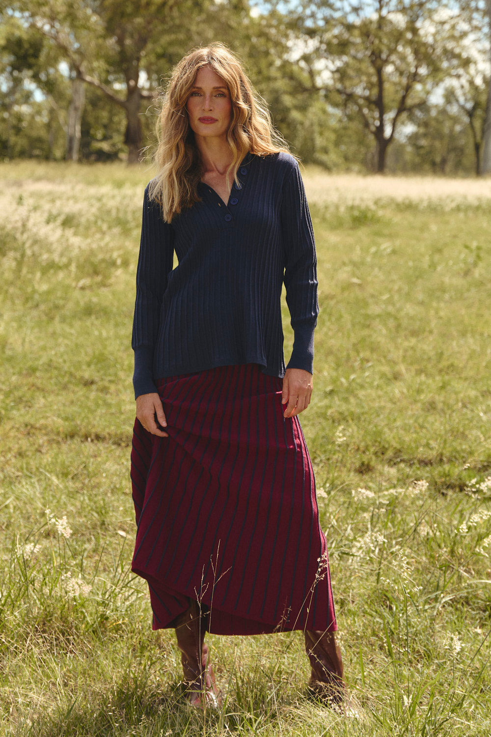 Knitted A-Line Skirt in Cherry Red with contrast textured rib knit stripe, Australian womenswear by Adrift