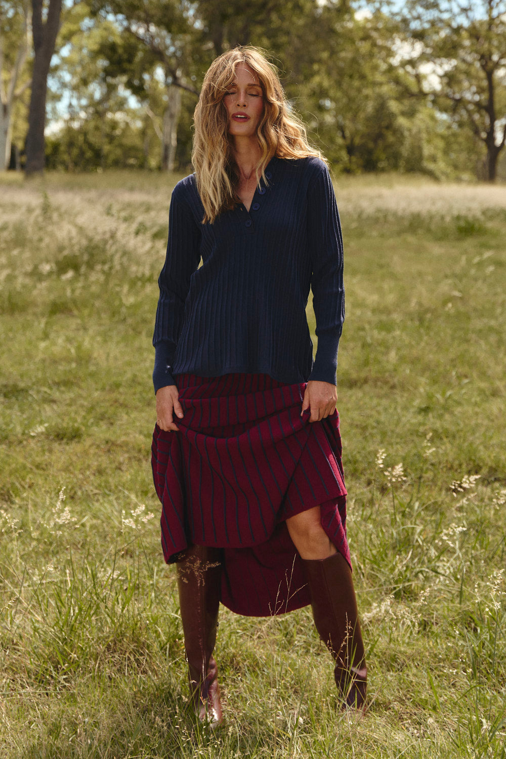 Knitted A-Line Skirt in Cherry Red