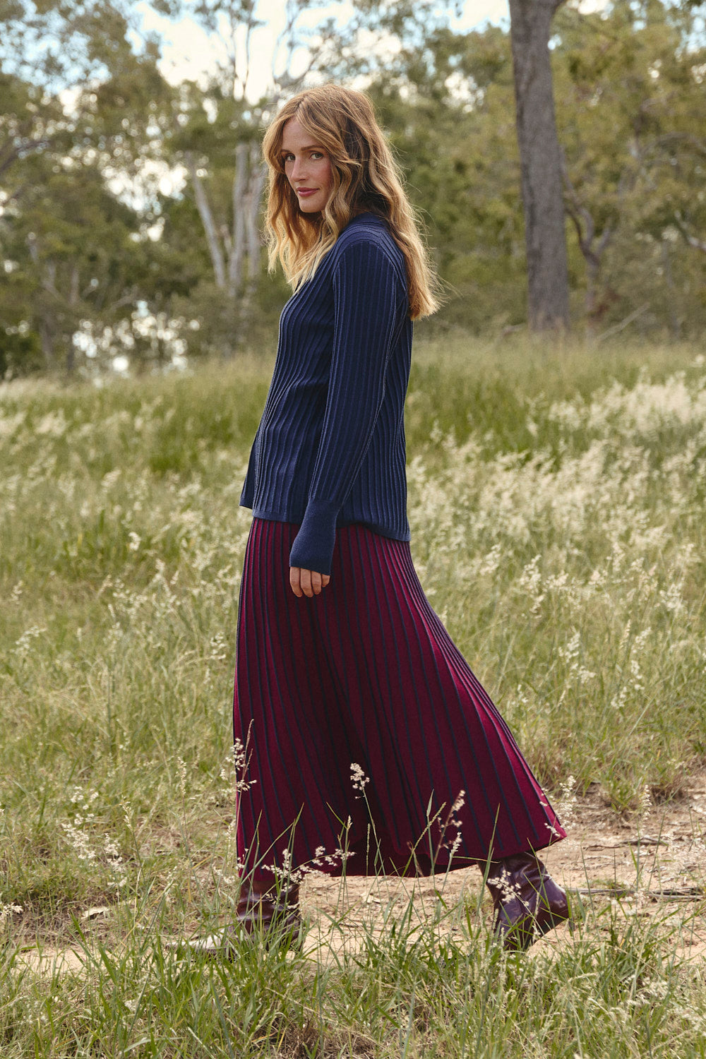 Knitted A-Line Skirt in Cherry Red paired with the Knitted Collared Jumper in Navy, Adrift Clothing