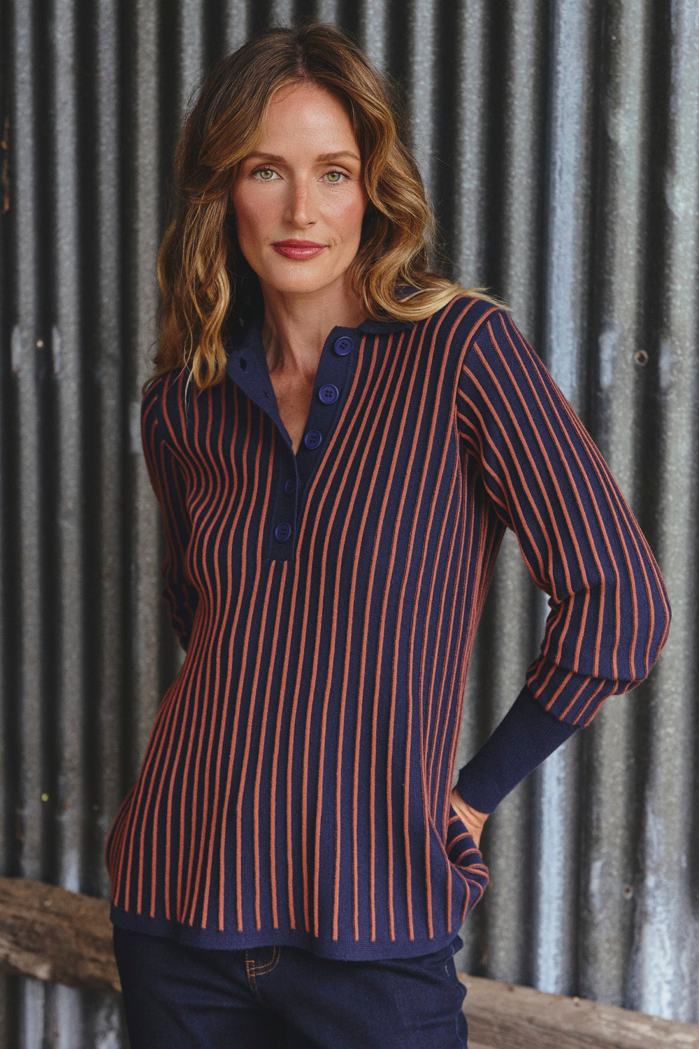 Knitted Collared Jumper in Navy Spice, Jumper - Adrift Clothing