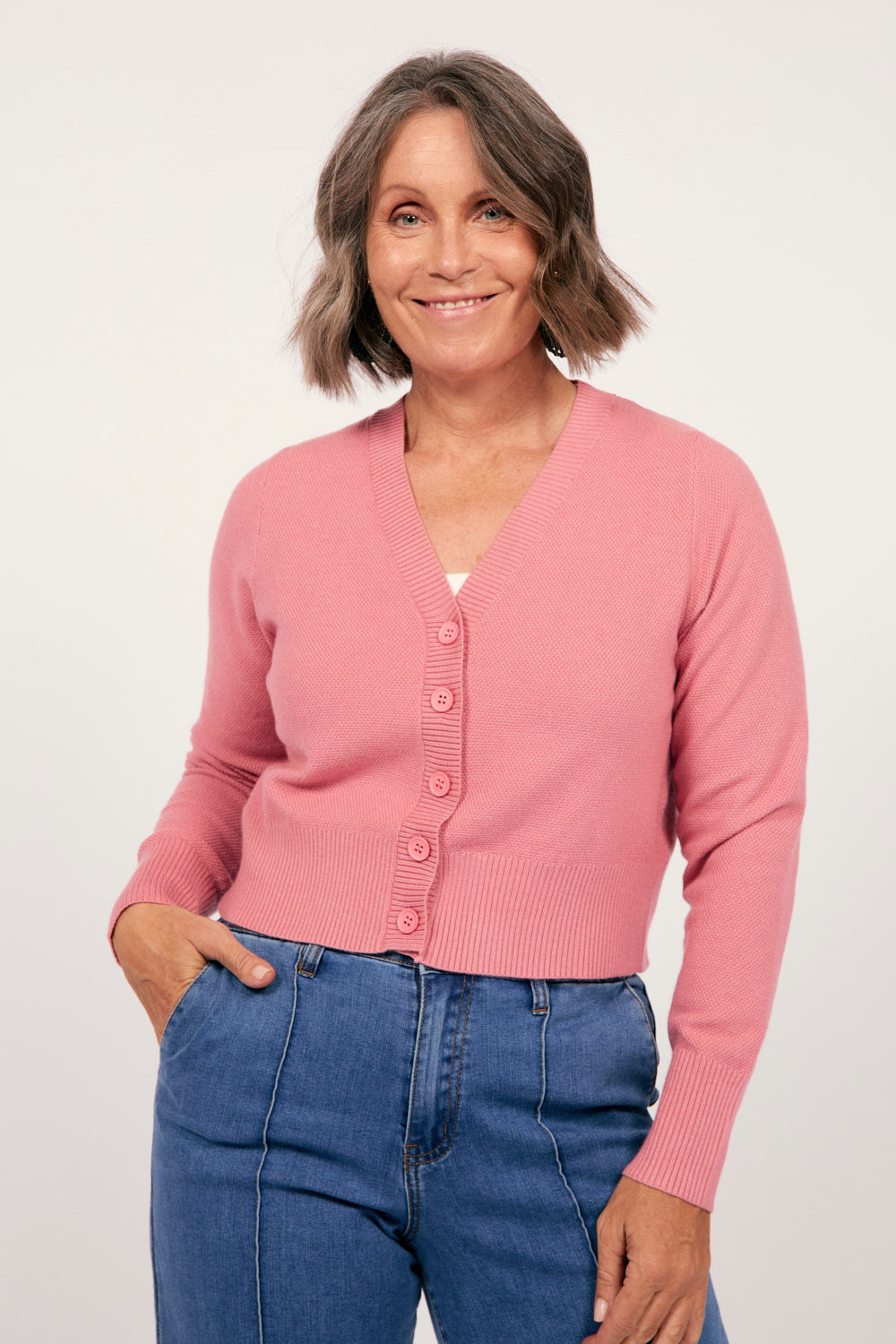Knitted Cropped Cardigan in Blush