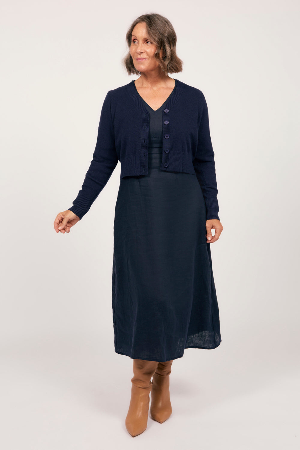 Knitted Cropped Cardigan in Navy