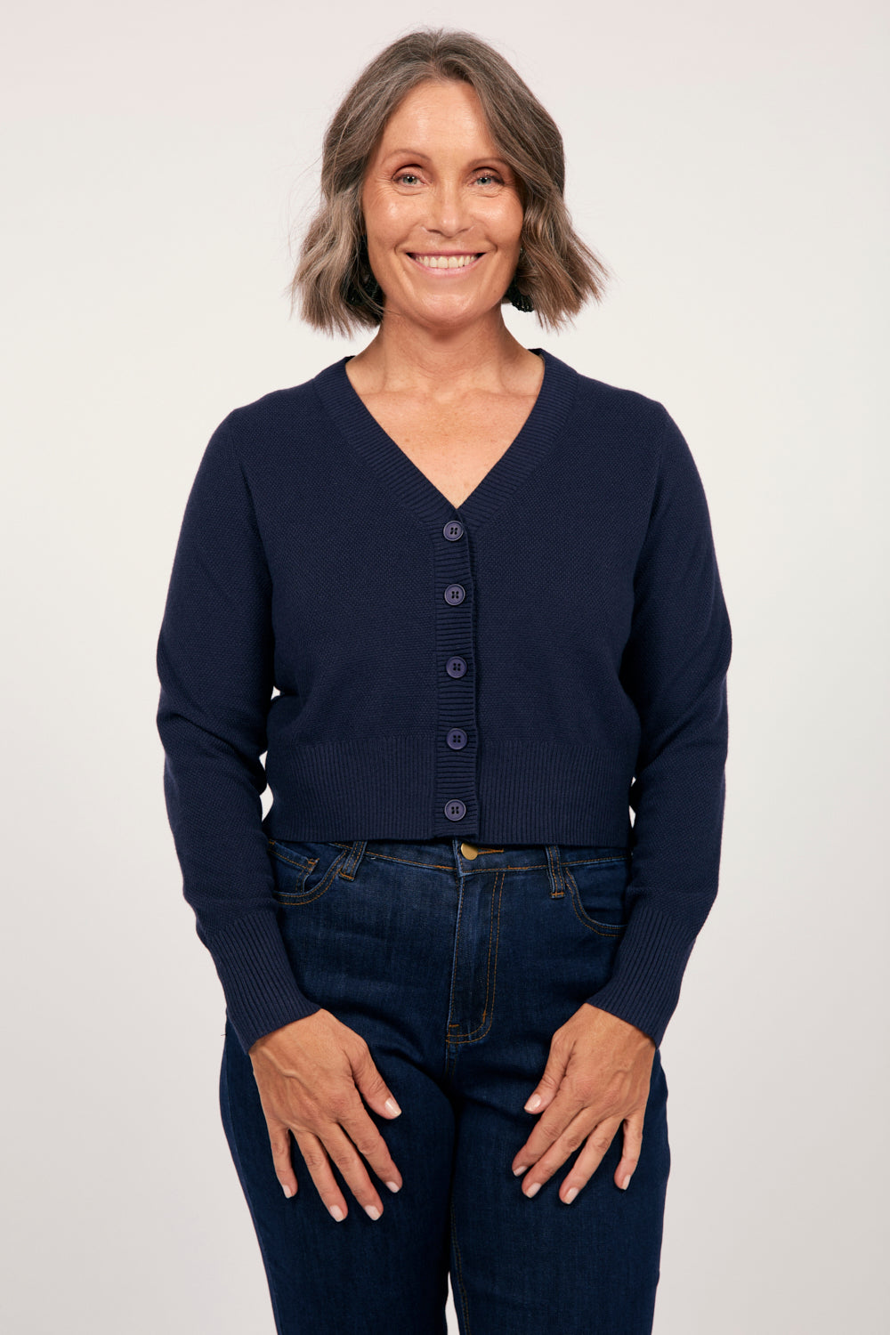Knitted Cropped Cardigan in Navy