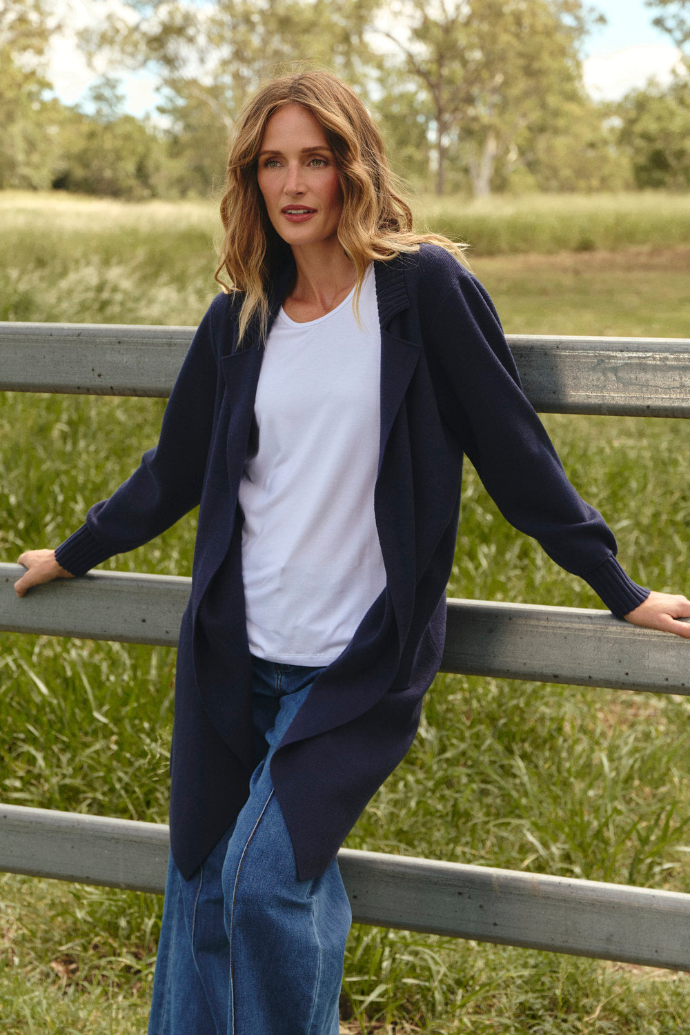Knitted Long Line Cardigan in Navy with long sleeves and wide fitted cuffs, Adrift