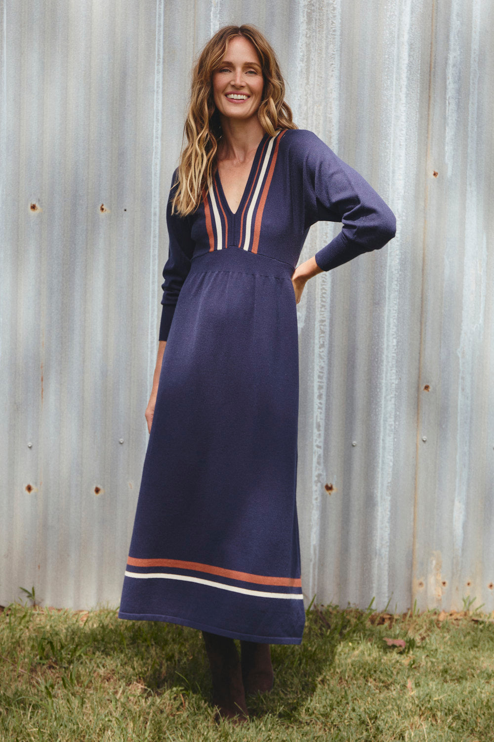 Knitted V-Neck Dress in Navy Spice, Midi Dress - Adrift Clothing