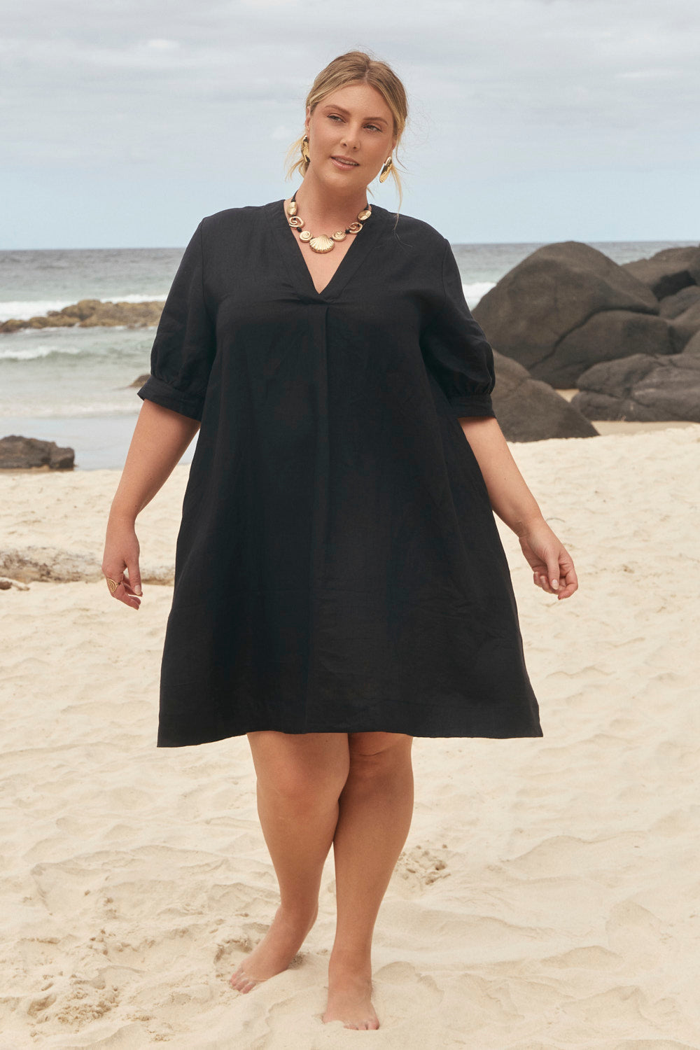 Kora Linen A-Line Puff Sleeve Dress in Black