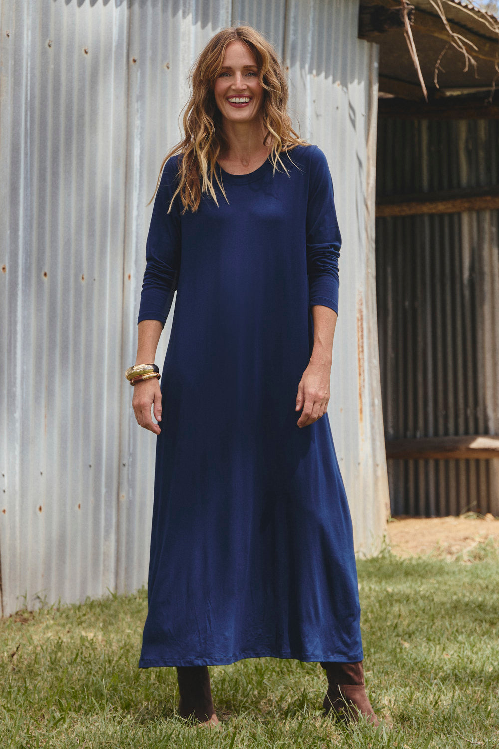 Long Sleeve Swing Dress in Navy draping beautifully through the body, Australian womenswear by Adrift