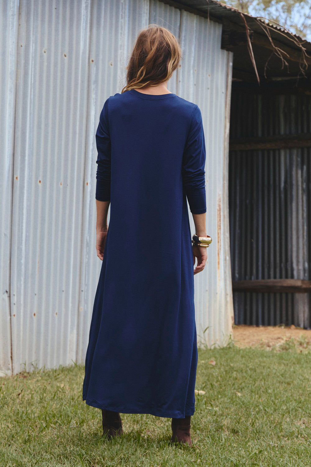 Long Sleeve Swing Dress in Navy in breathable Adrift Stretch fabric, designed in Brisbane Australia