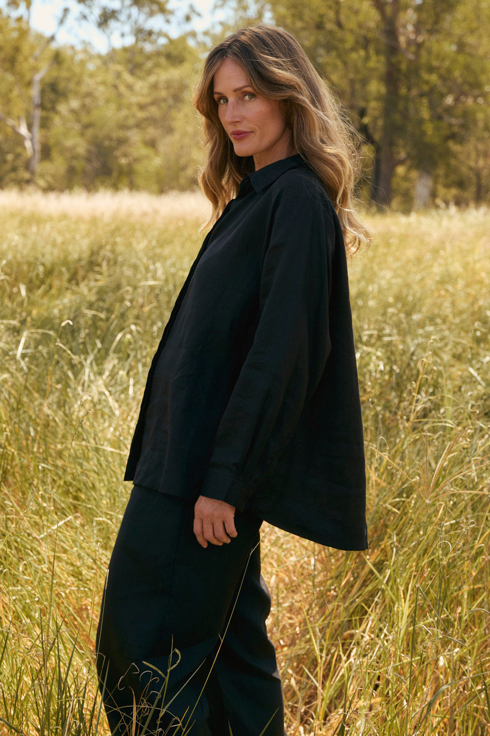 Oversized Linen Boyfriend Shirt in Black