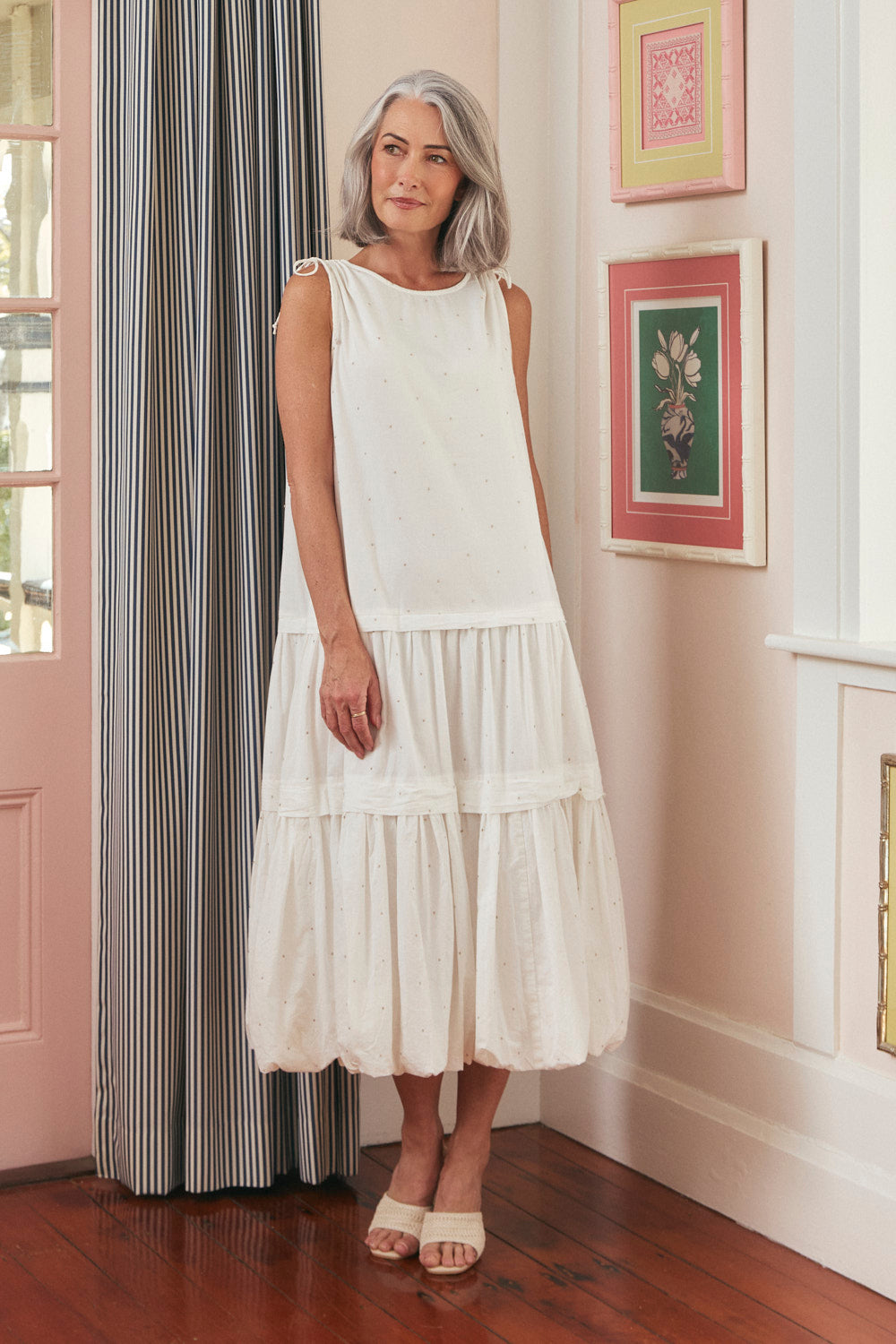 Millie Reversible Bubble Hem Dress in White Aurum