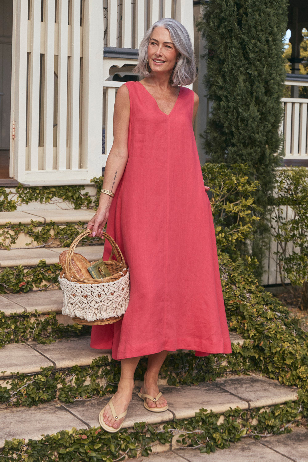 Suzie Linen Reversible Swing Dress in Cranberry