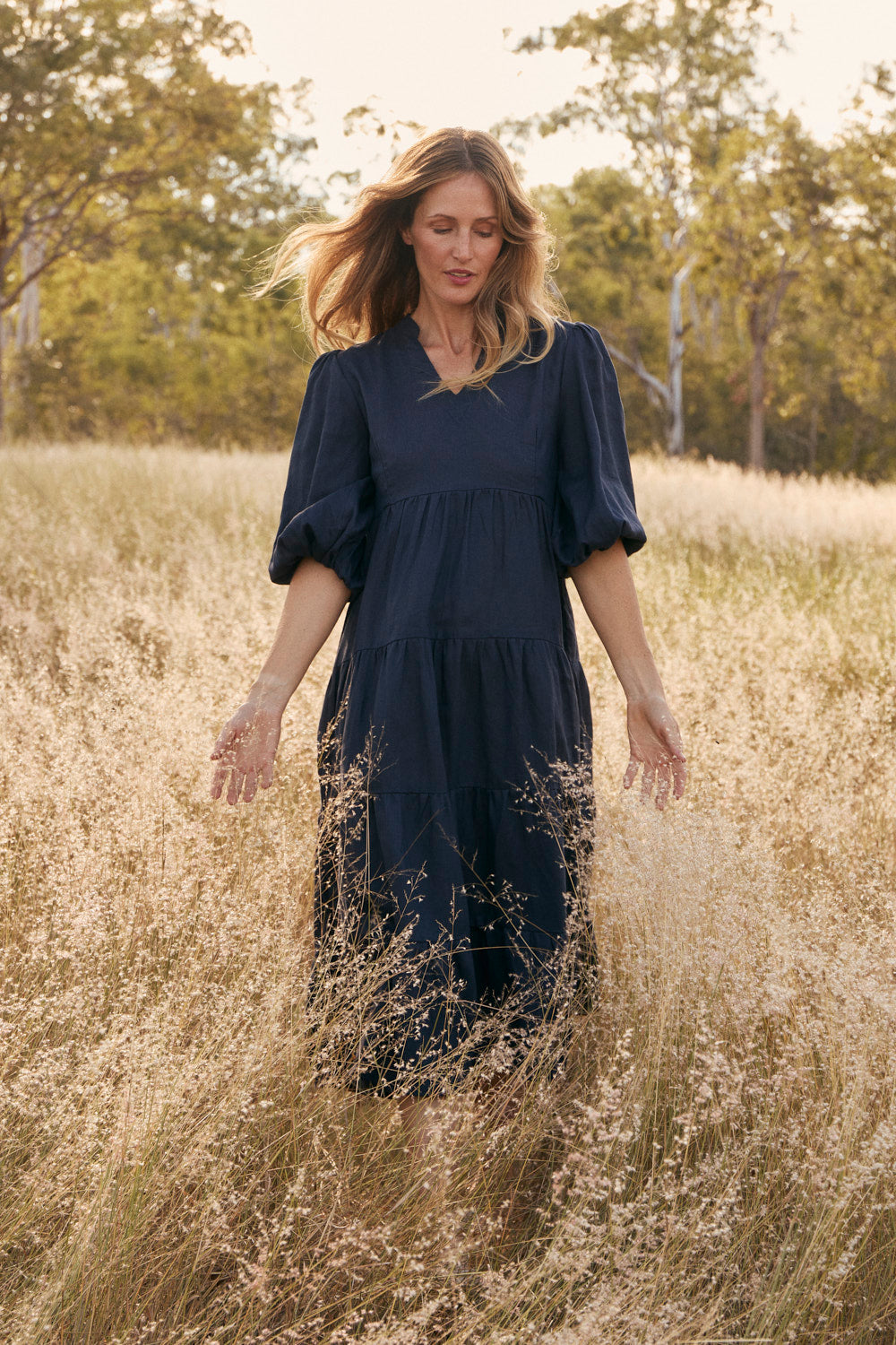 Sabre Linen V-Neck Dress in Navy with relaxed effortless silhouette, Australian womenswear by Adrift