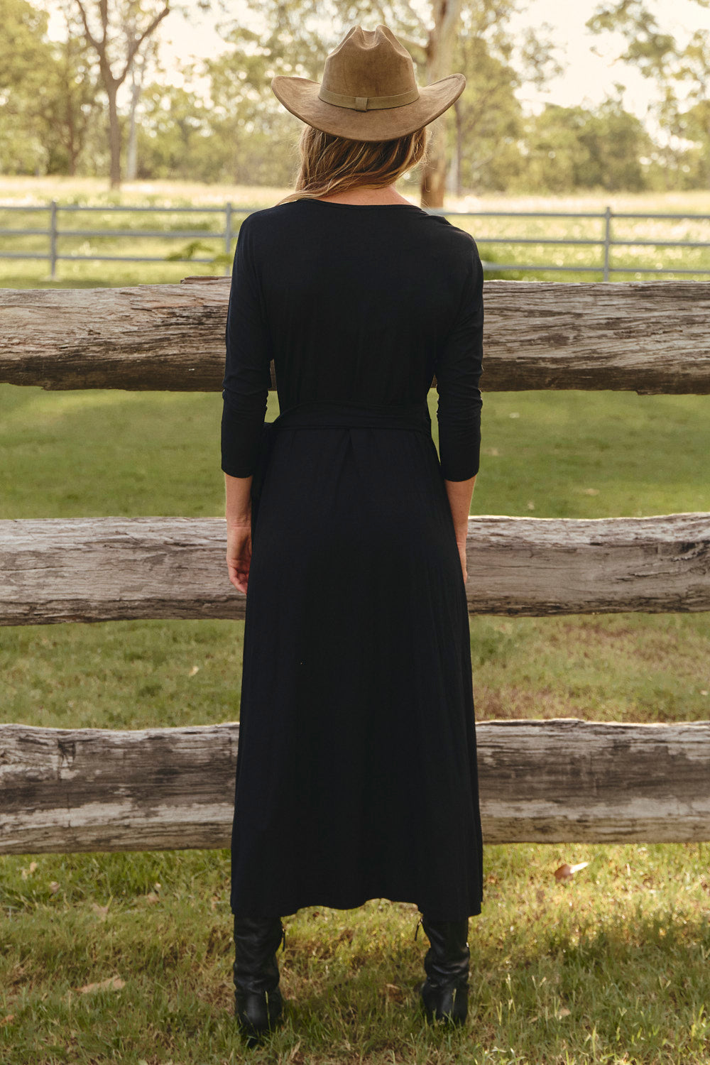 Wrap Stretch Dress in Black in Adrift Stretch viscose, designed in Brisbane Australia