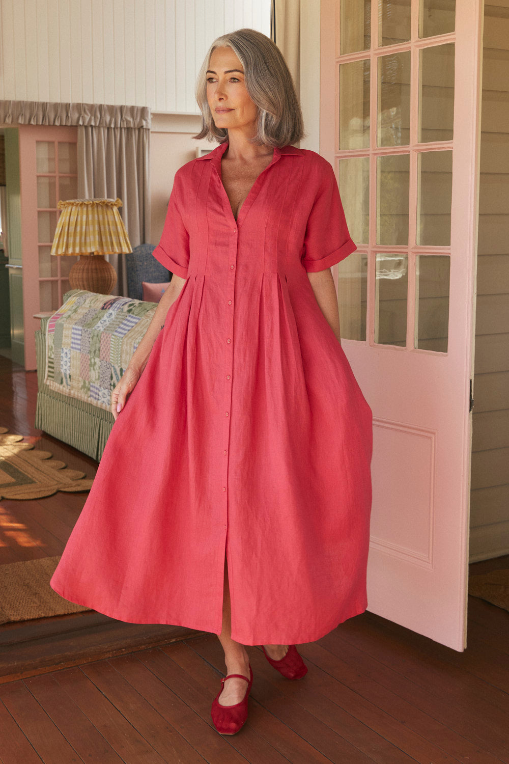 Bridget Linen Pleated Dress in Cranberry