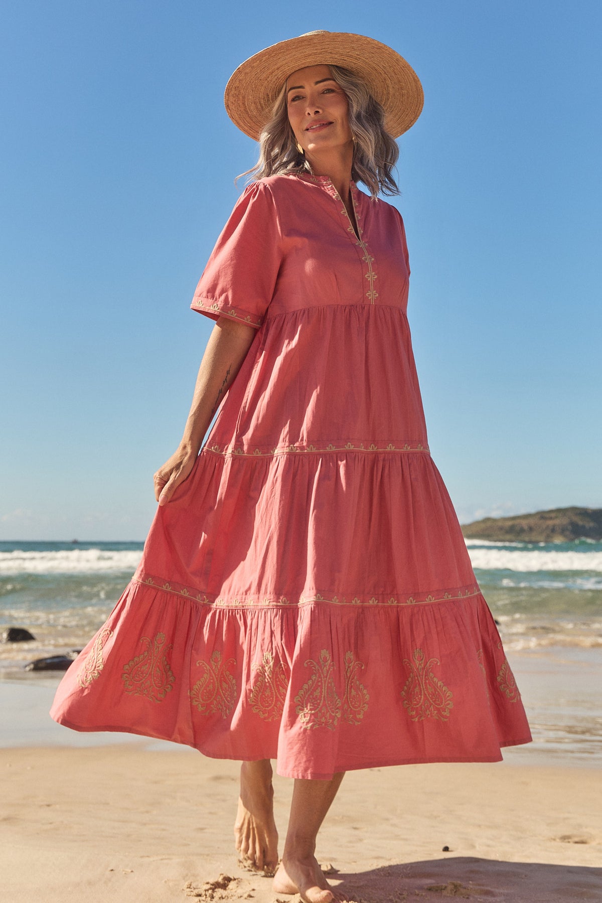 Sabre Embroidered V-Neck Dress in Vintage Rose